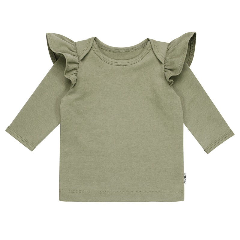 Roezel Shirtje Olijf Biologisch Enveloppehals Babyshirtje Newborn Ruffles Ruches Handgemaakt