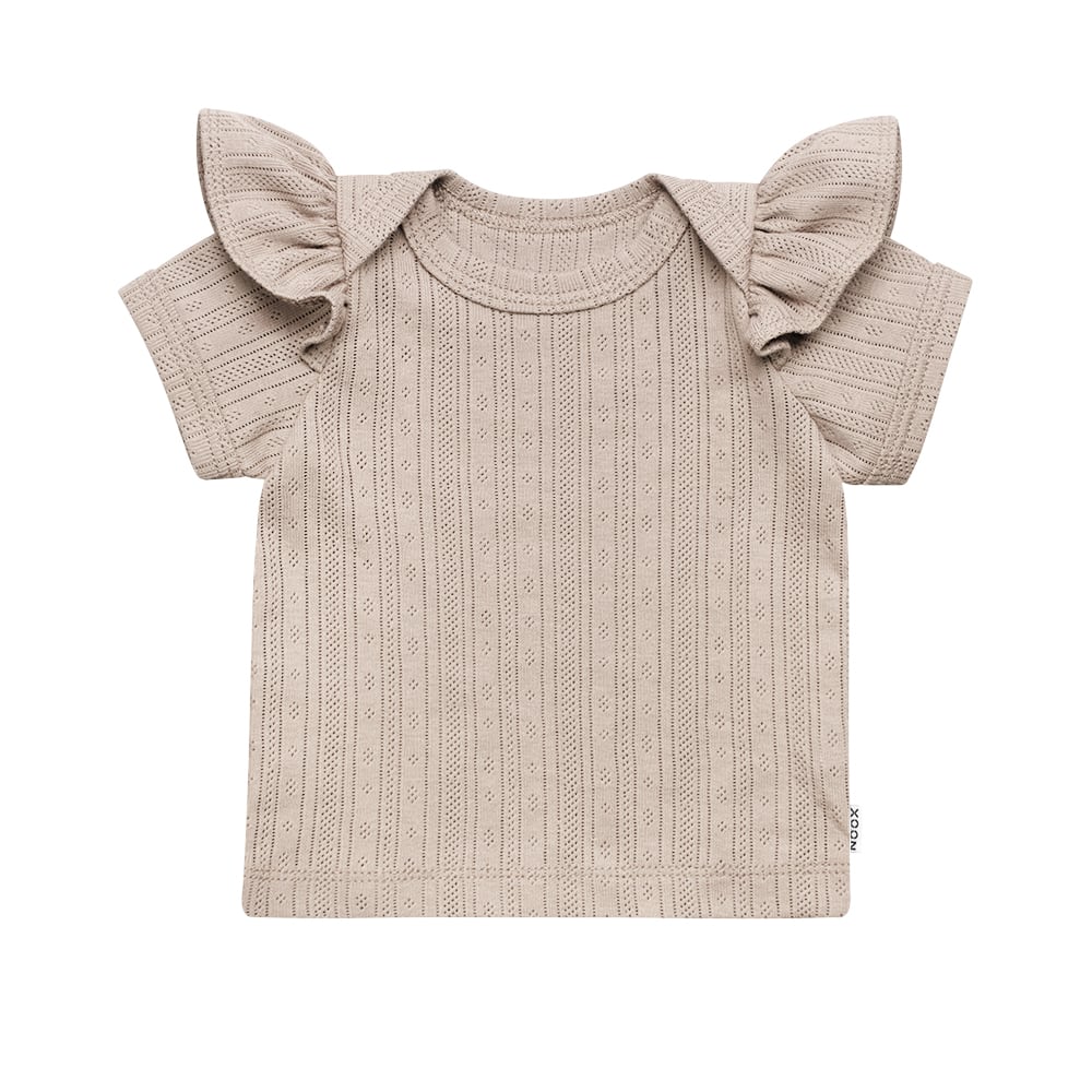 Roezel Shirtje Pointelle Zand Babyshirtje Ruches Handgemaakt Ruffles Newbornkleding Ajour