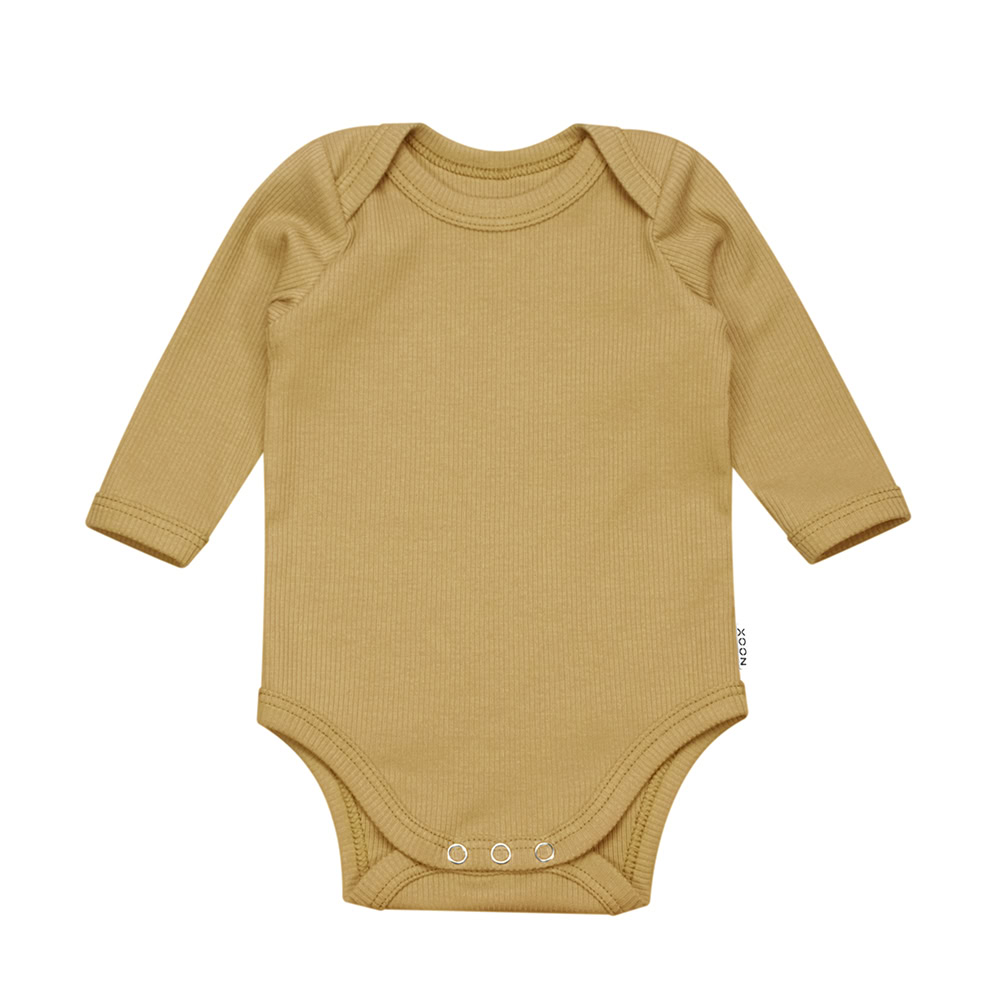 Rompertje Rib Mosterd Handgemaakt Babypakje Newbornromper Dreumes Ribstof Goud Geel Body Babykleding