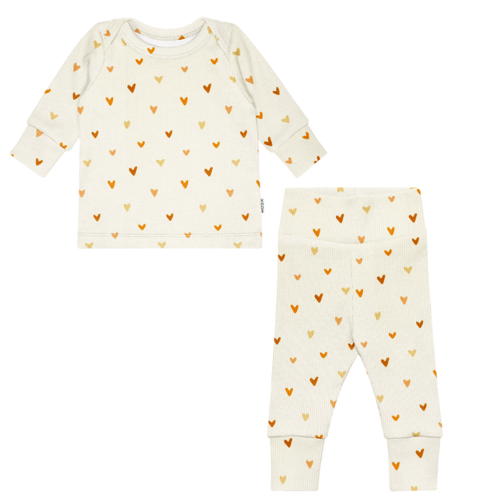 Setje Rib Hartjes Babykleding Babysetje Eerste Pakje Geboortepakje Geboortesetje Newbornkleding Handgemaakt Bruin Naturel Crème