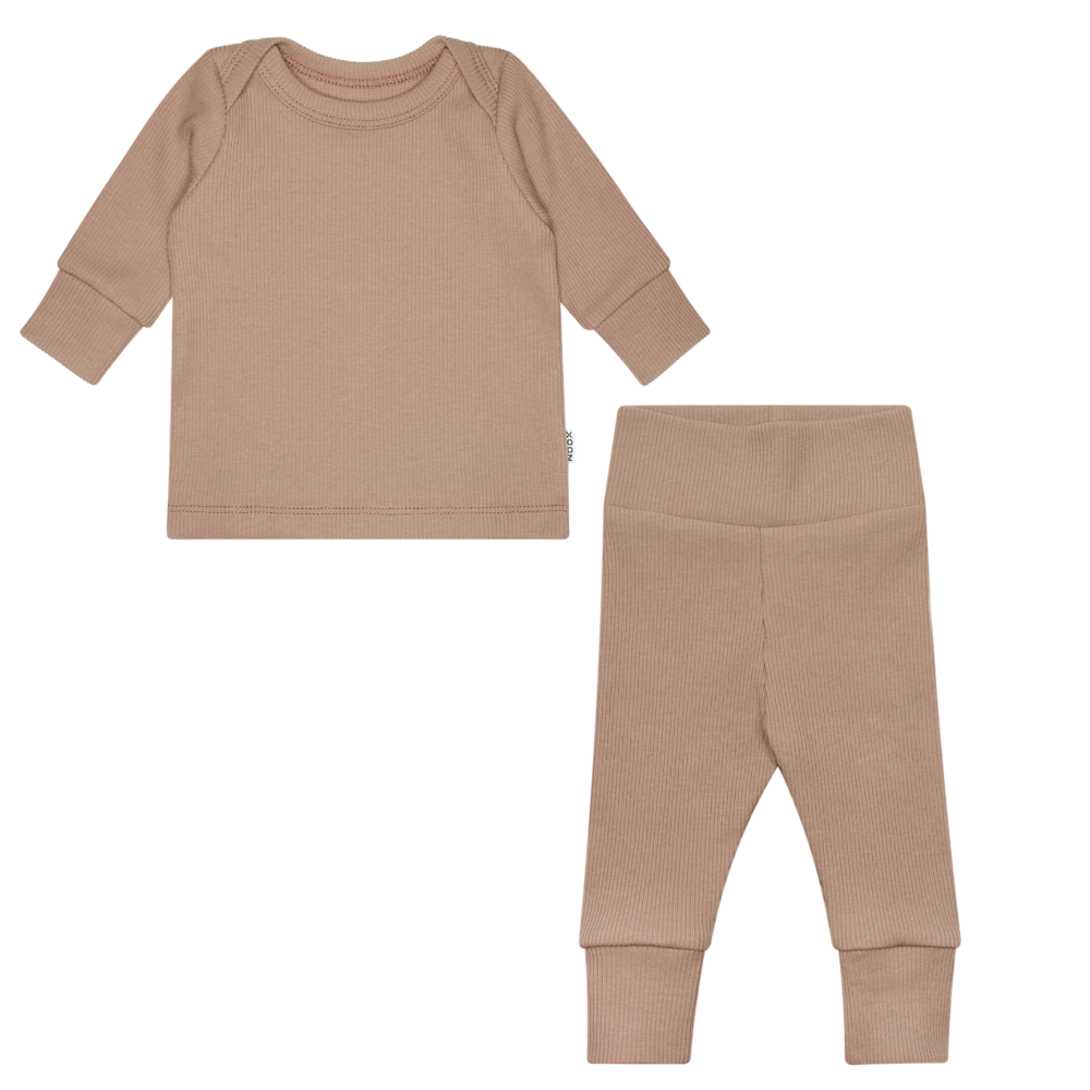 Setje Rib Terra Babykleding Babysetje Eerste Pakje Geboortepakje Geboortesetje Newbornkleding Handgemaakt Uni Babybasics Bruin