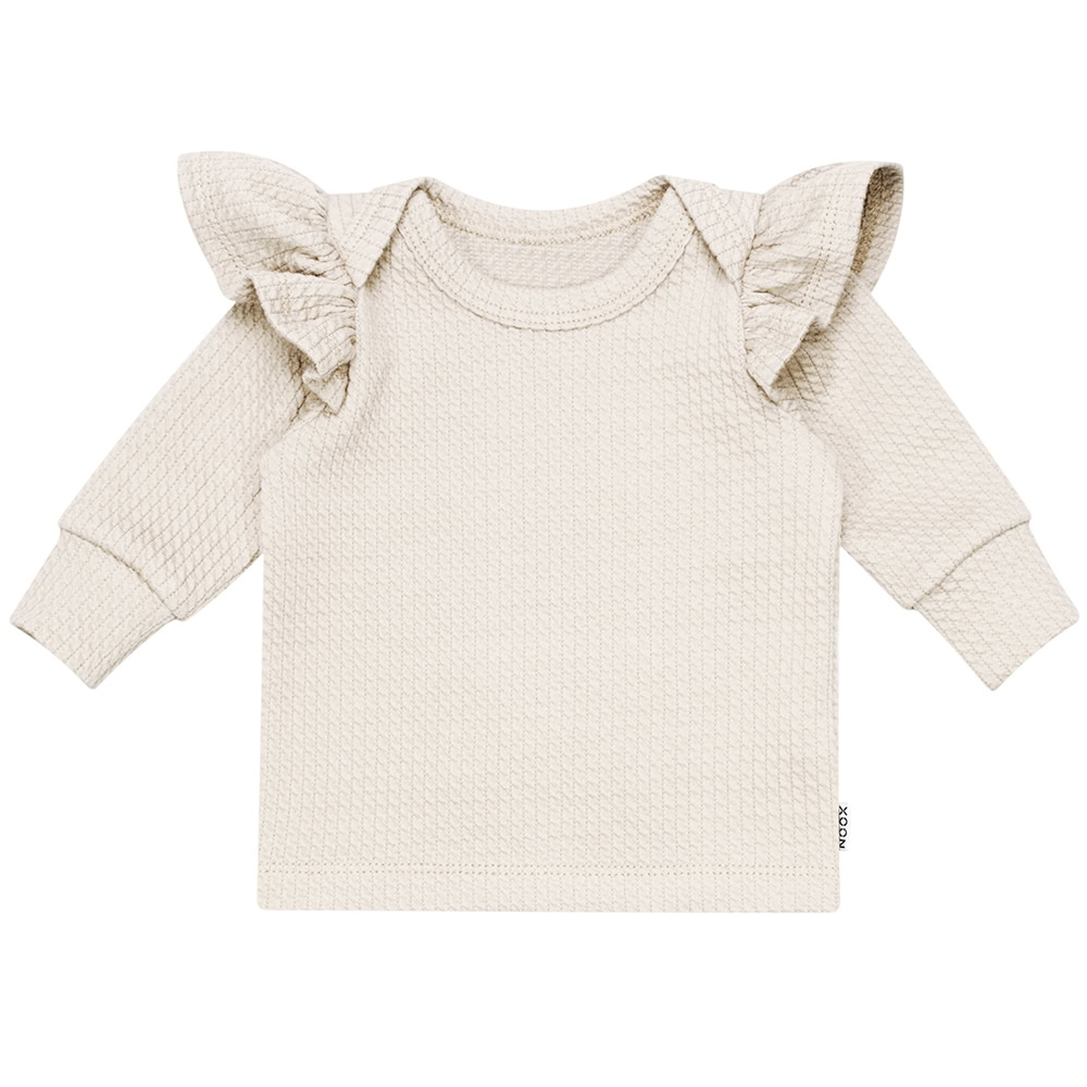 Roezel Shirtje Kabel Beige Naturel Enveloppehals Babyshirtje Newborn Ruffles Ruches Handgemaakt