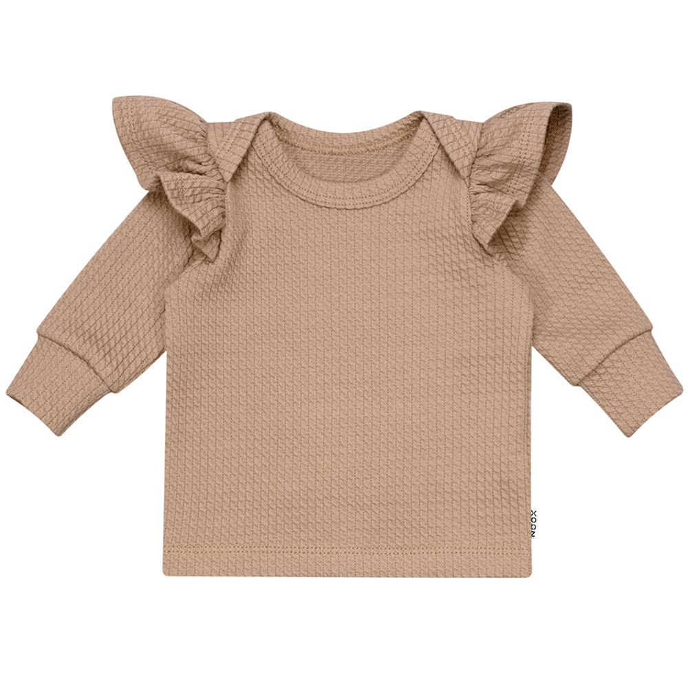 Roezel Shirtje Kabel Cacao Bruin Enveloppehals Babyshirtje Newborn Ruffles Ruches Handgemaakt