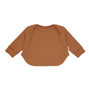 Mutsige babyshirt in warm bruintint met lange mouwen en comfortabele stof.