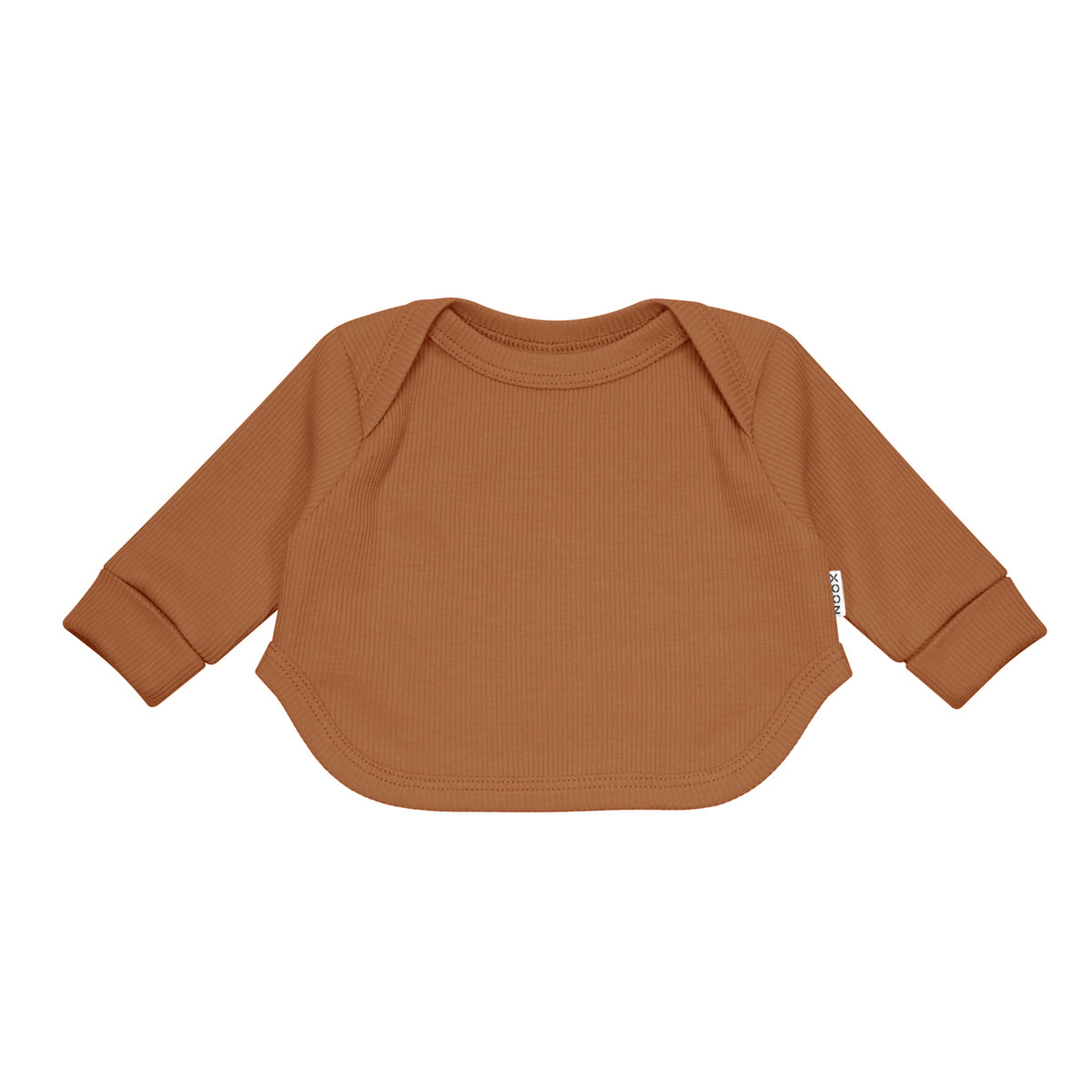 Mutsige babyshirt in warm bruintint met lange mouwen en comfortabele stof.